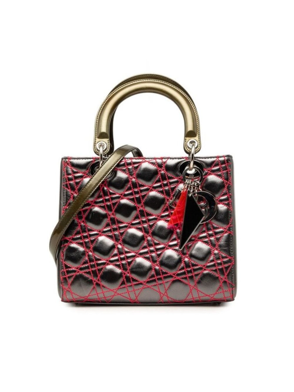 Dior Cannage Lady Dior Anselm Lyle 2-Way Shoulder Bag Metallic Green Silver